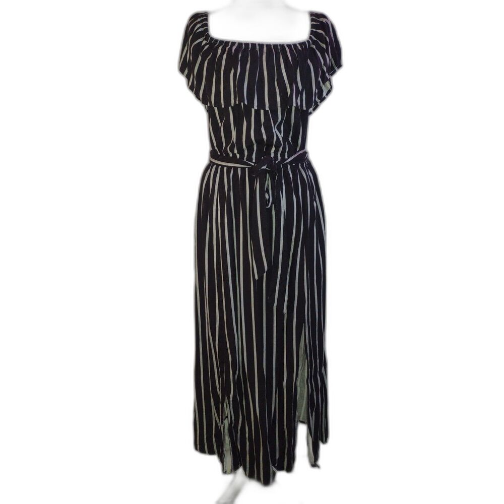 Forever 21 Black & White Striped Off-Shoulder Maxi Dress - Size L